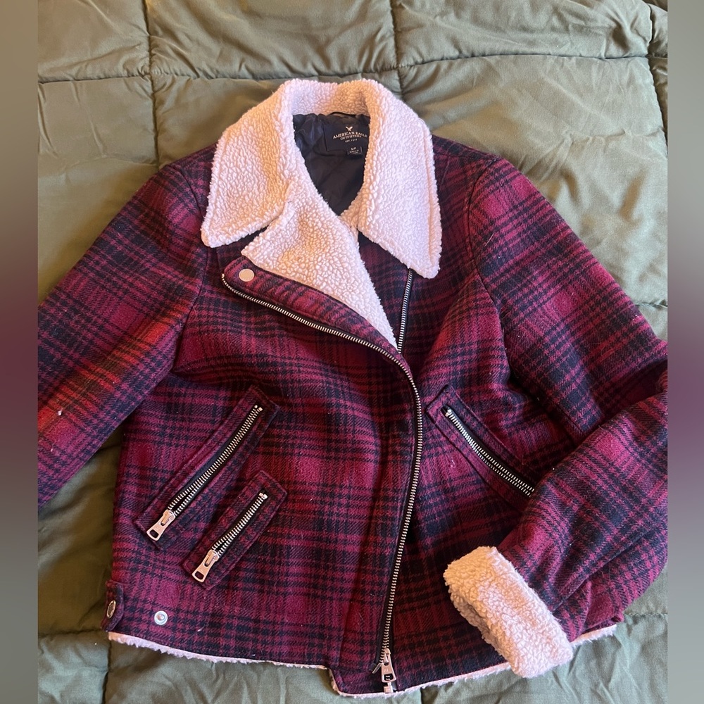 American Eagle plaid sherpa lined biker jacket